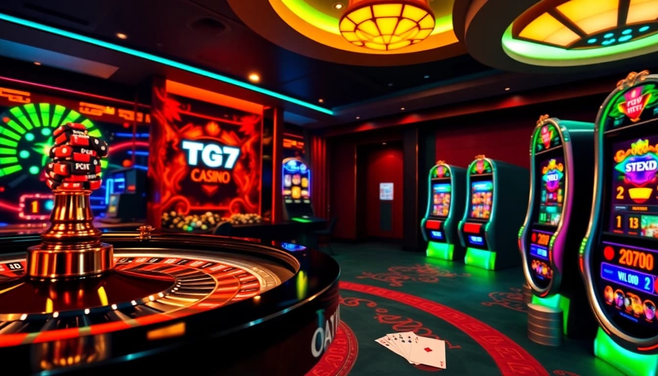 Experience the excitement of TG777 link with vibrant casino elements like poker chips and slot machines.