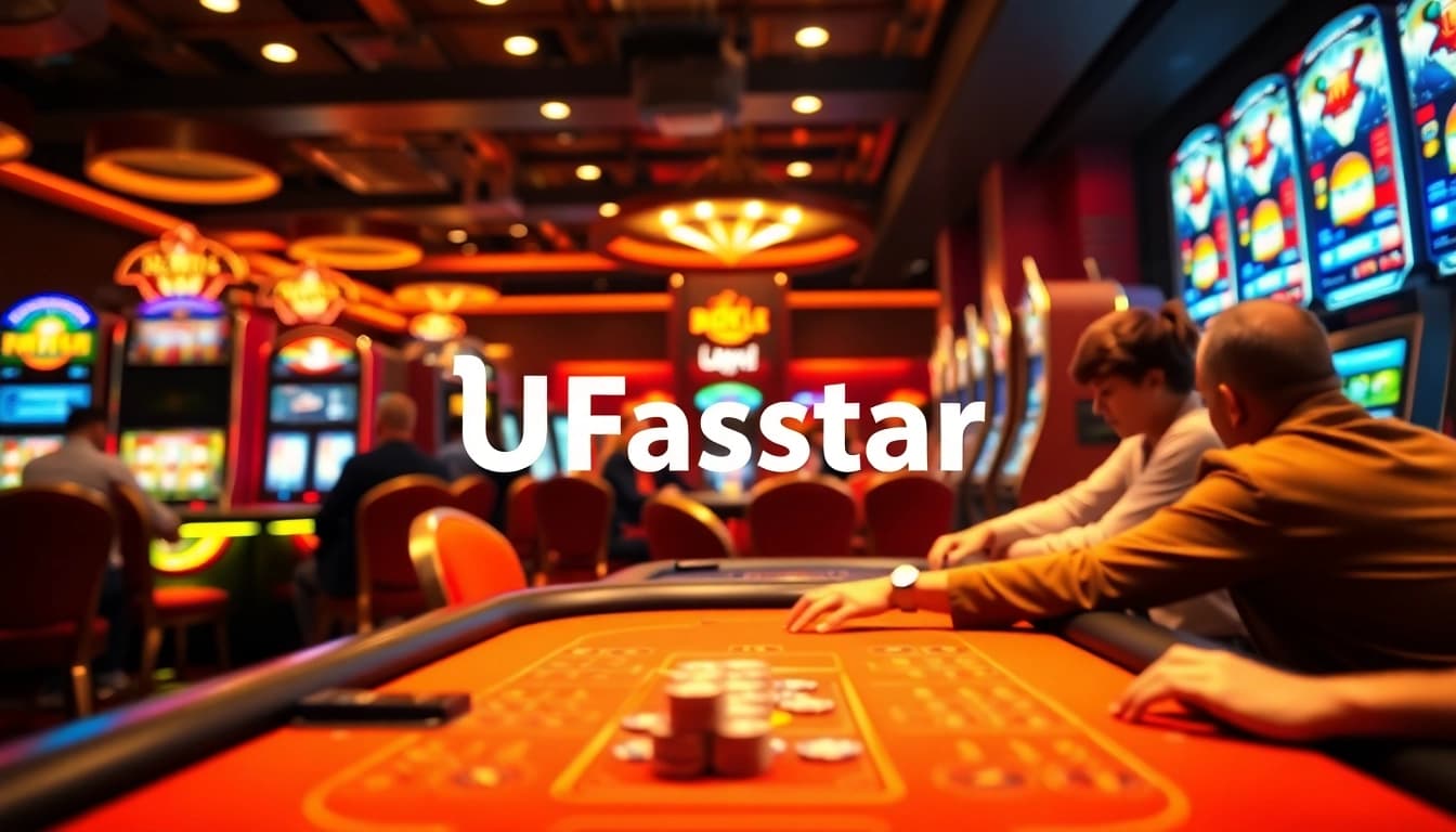 เกมคาสิโนที่น่าตื่นเต้นจาก ufastar825 กับโลโก้ที่โดดเด่นในบรรยากาศปาร์ตี้