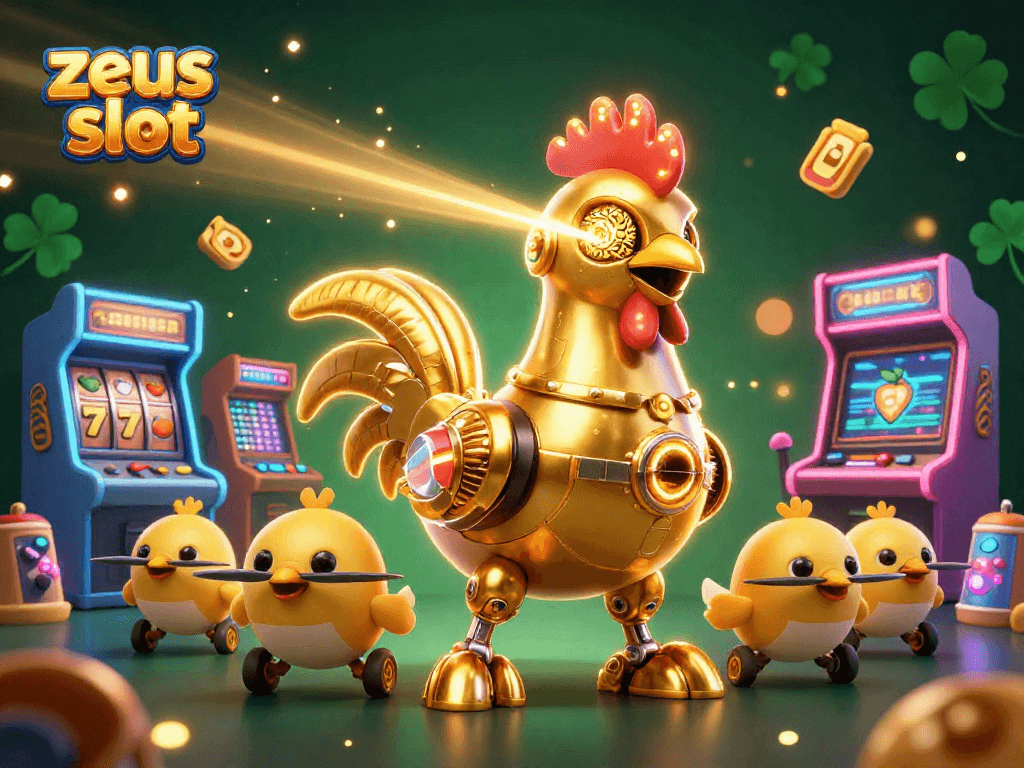 Experience zeus slot with golden rooster robot and bustling game elements in a vibrant casino setting.