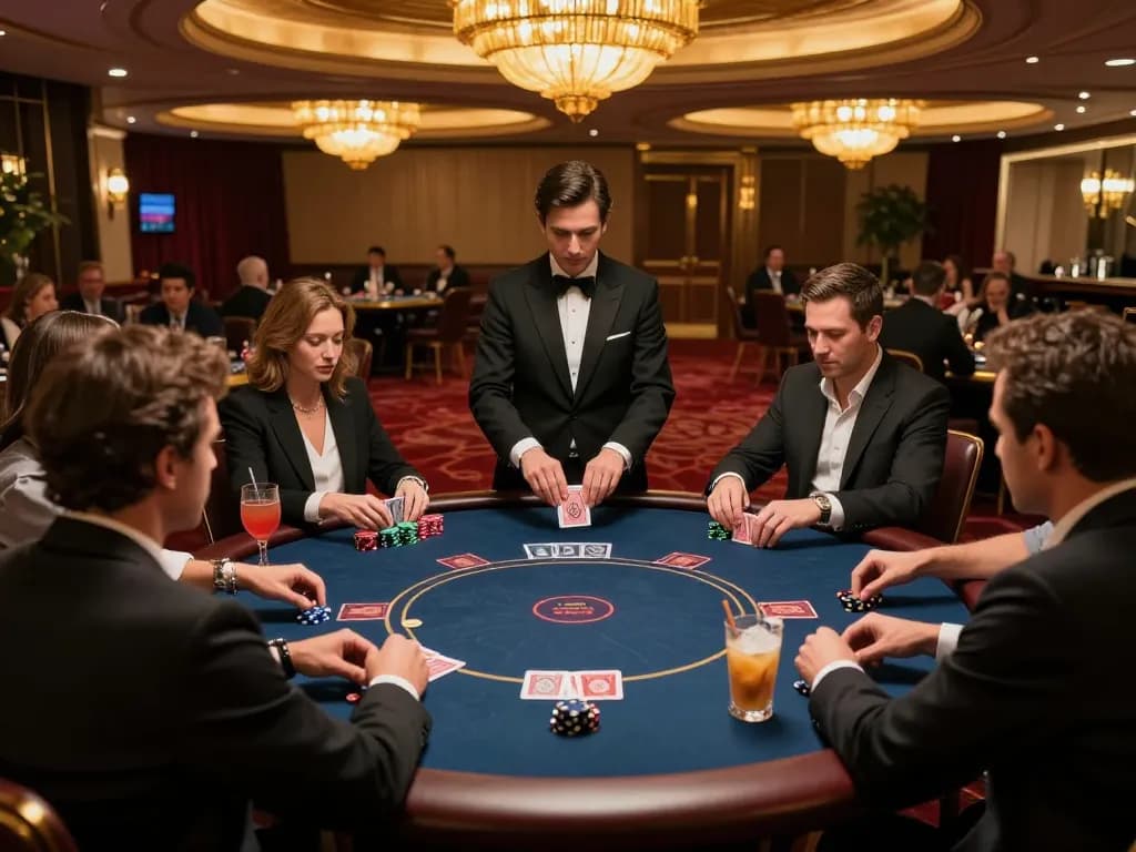 Players at the esteemed nhà cái uy tín 123B engaged in a high-stakes poker game in a lavish casino.