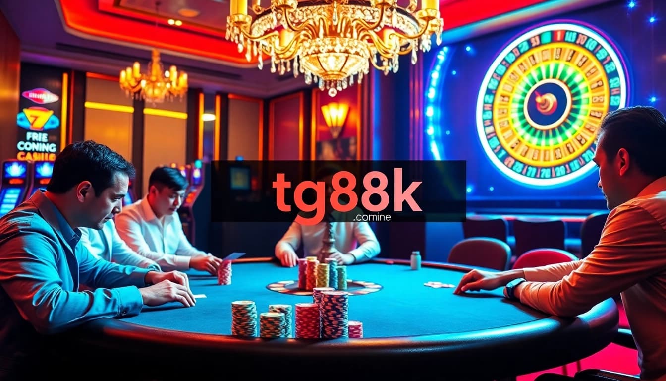 Exciting casino scene featuring poker players at a table with chips and cards, highlighting https://tg88k.online/ for gambling fun.