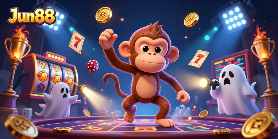 Jun88 showcases a lively casino scene with a mischievous poltergeist monkey and a curious puppy guiding players to exciting games.