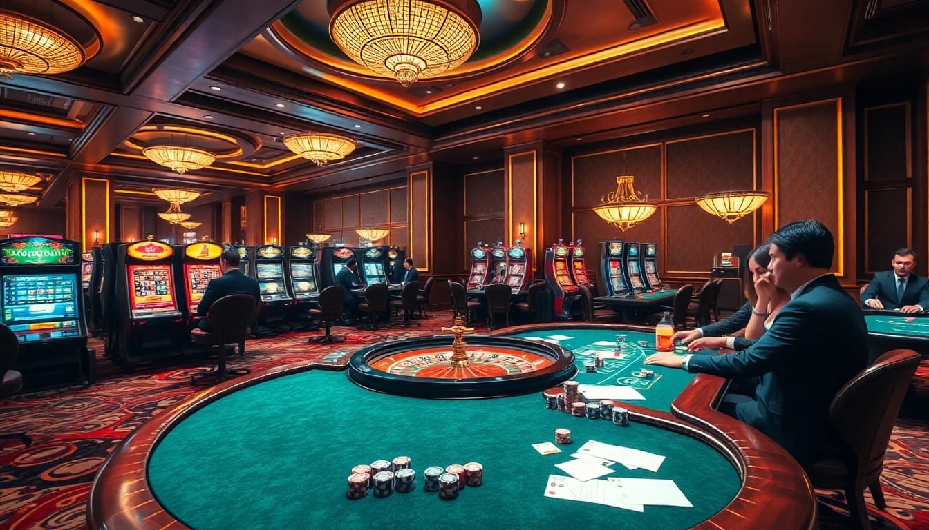 Exciting gaming atmosphere at https://gg88.cool/ with players enjoying roulette and poker.