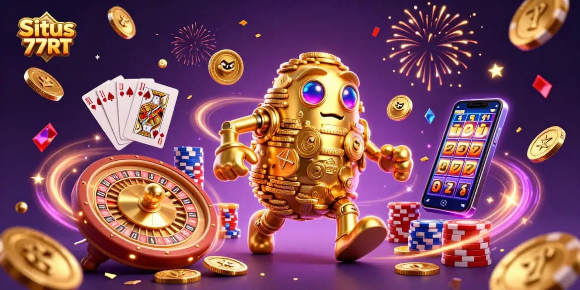 Situs 77RT showcases a golden golem surrounded by dazzling casino elements, inviting players to win big.
