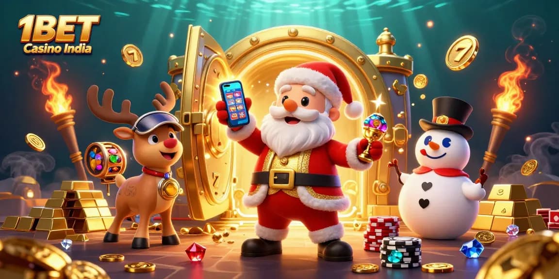 Experience excitement at 1BET Casino India with Santa, a dealer reindeer, and a poker chip snowman.