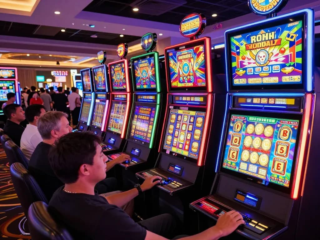 IDNSCORE slot machines in a lively casino, players engaging in thrilling gameplay