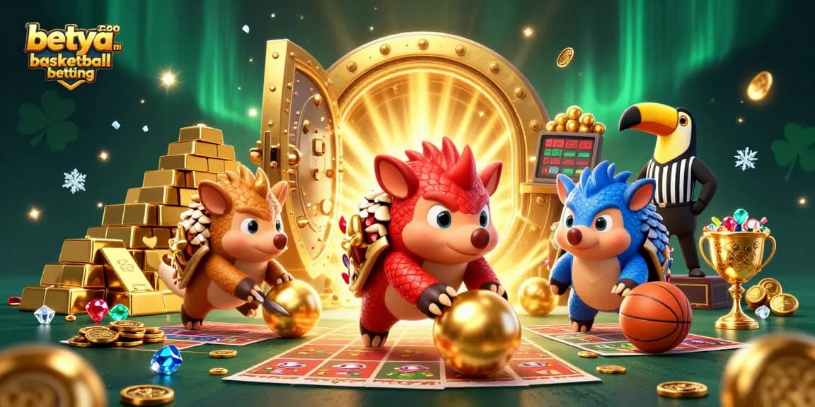 Engage in betya.com basketball betting with colorful pangolins and golden treasures in action.