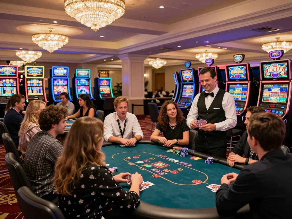 Players enjoy thrilling gameplay at poker tables in bl555, showcasing an elegant casino atmosphere with vibrant decor.