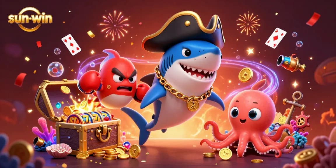 Engage with sun-win's vibrant casino games featuring a pirate shark, pufferfish, and octopus amid treasures.
