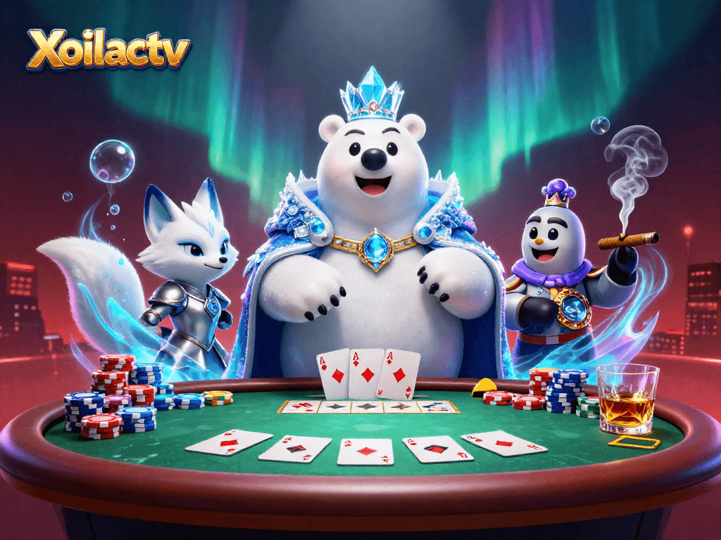 Xoilactv showcases an exciting poker battle scene featuring a majestic ice king polar bear and a brave snow fox amid casino elements.