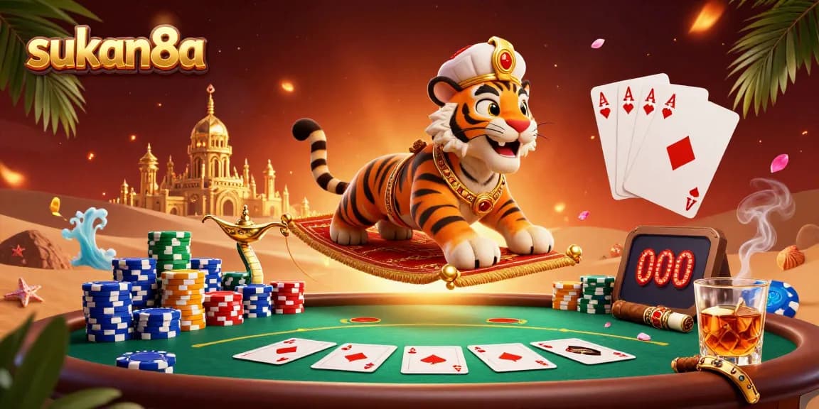Sukan8a showcases an Arabian Nights-themed illustration of poker excitement, filled with gaming elements.