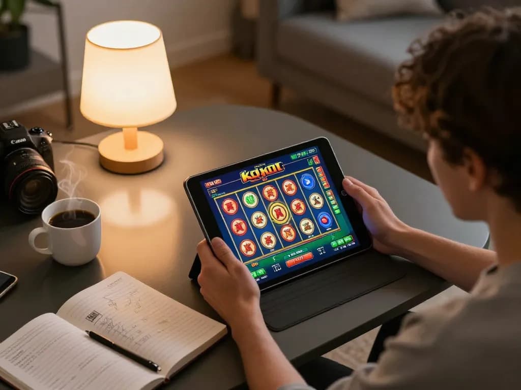 Player enjoying kdslot gaming on a tablet in a cozy living room