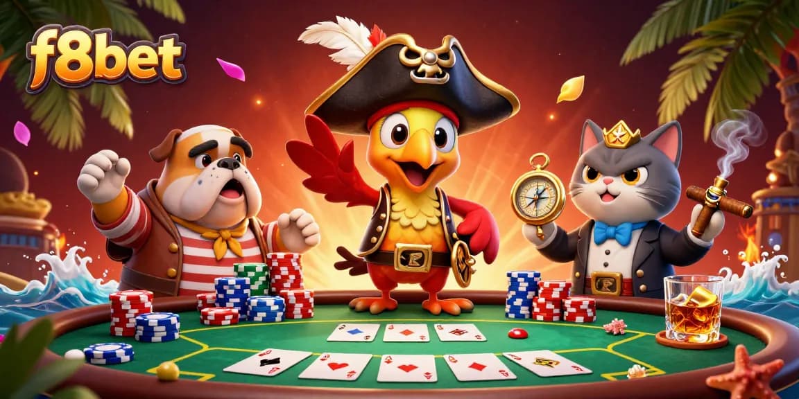 Experience thrilling poker action with f8bet's vibrant casino illustration featuring dynamic characters and game elements.
