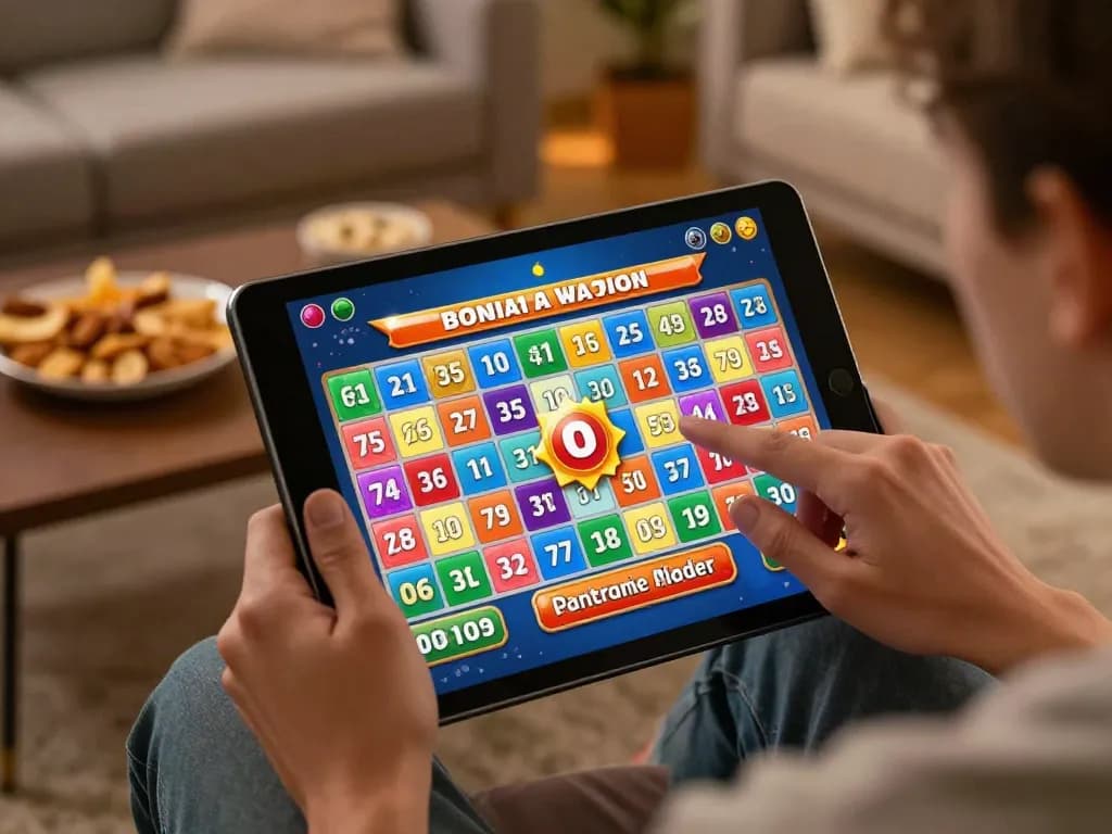 Excited player enjoying an online bingo game on a tablet featuring ok8386 interface in a cozy living room setting