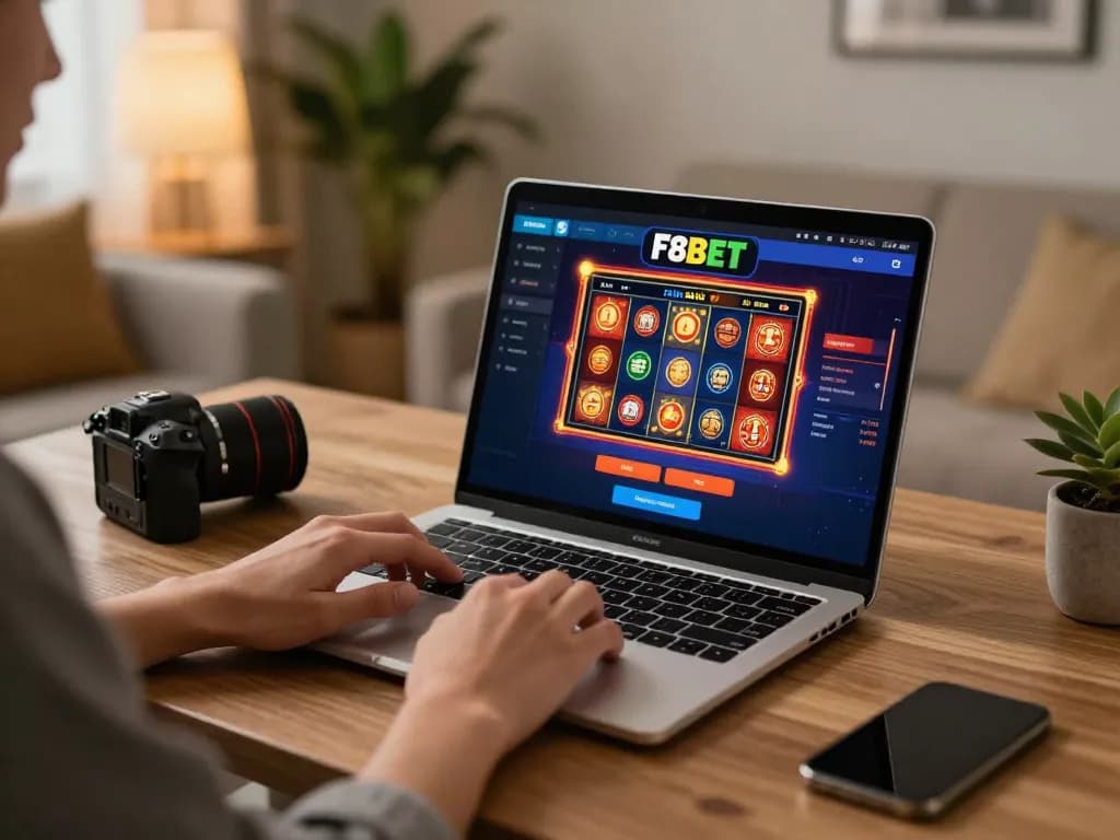 Player engaging on F8BET online platform, exploring exciting betting options in a comfortable home.