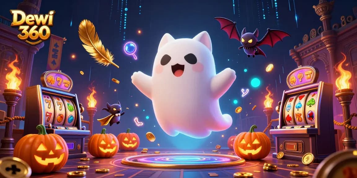 Dewi 360 menampilkan kucing hantu beraksi di kasino, dikelilingi slot dan koin emas