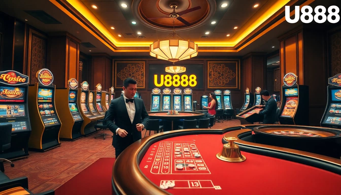 U888 online casino featuring luxurious tables, exciting slot machines, and engaging players in action.