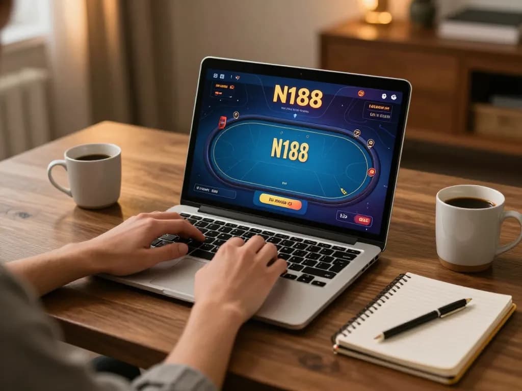 N188 player engaging in online poker gaming from home with strategic notes.