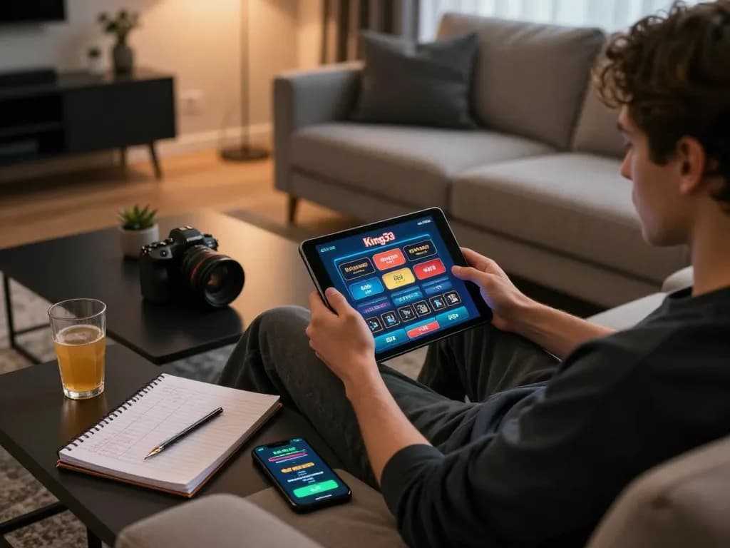 Engaged player using king33 app on tablet for online gambling at home with warm, inviting decor
