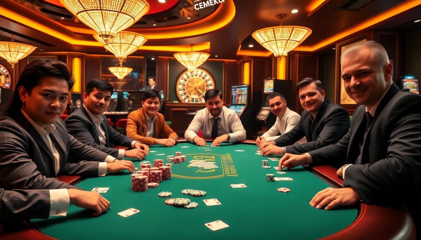 Experience high-stakes action at cemeku's online poker table with vibrant chips and confident players.
