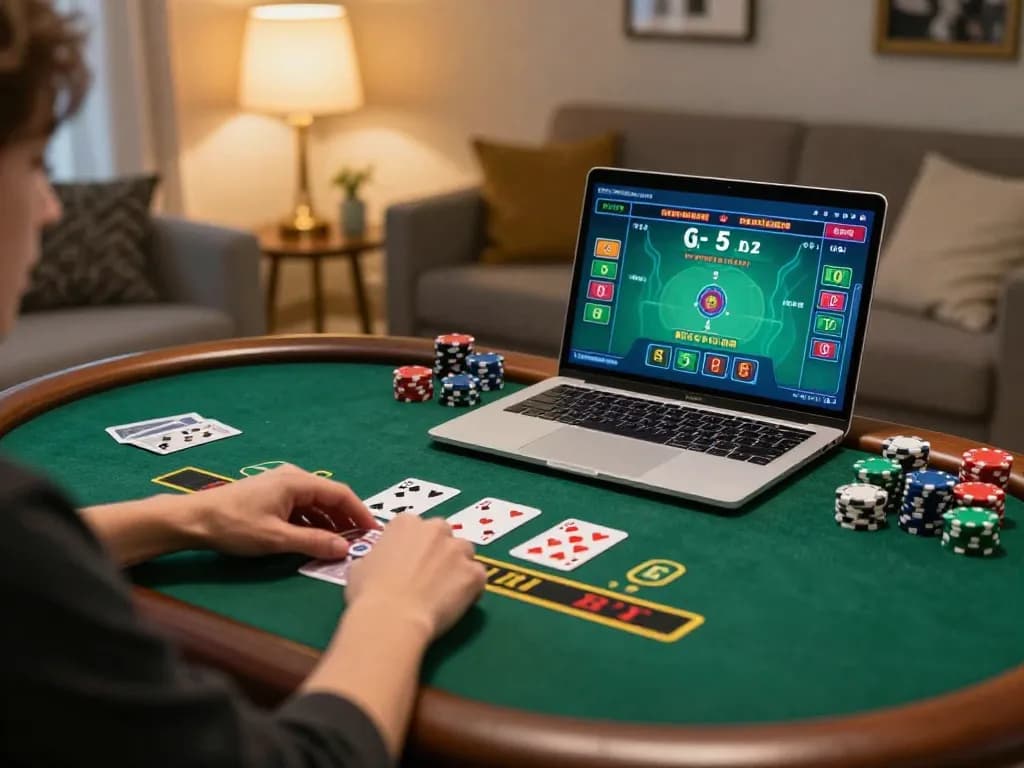 Player enjoying an engaging MM88 live dealer blackjack game on a laptop at home, showcasing strategic gameplay.