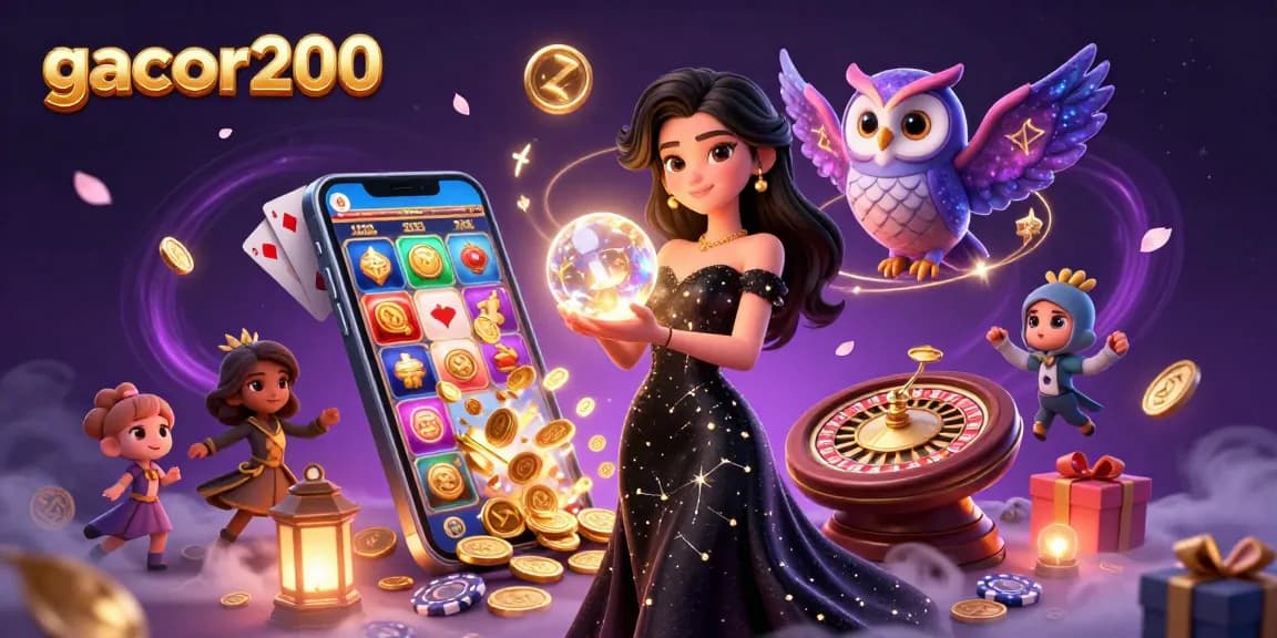Play thrilling casino games and win with gacor200, featuring vibrant 3D illustrations of epic gaming action.