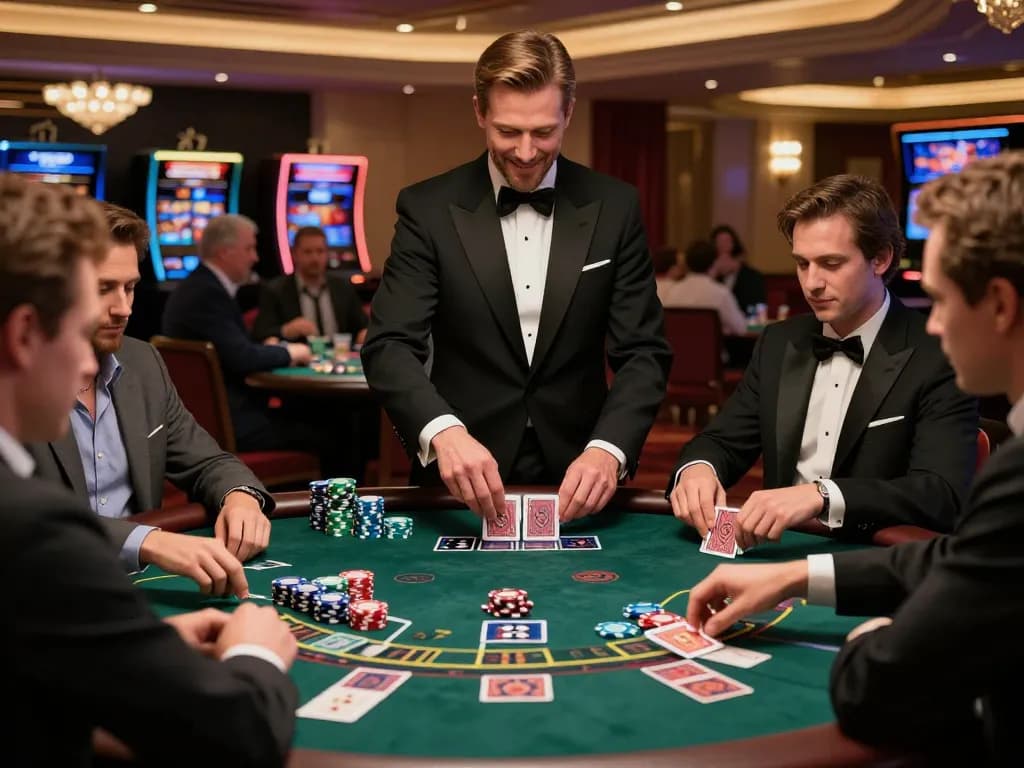 Engaged players enjoying ดูหนังออนไลน์ฟรี blackjack at a vibrant casino table with a professional dealer in action.