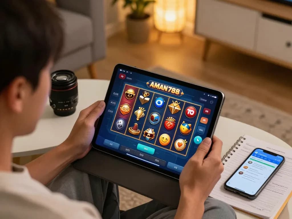 Seorang pemain menikmati pengalaman slot gacor aman788 di tablet sambil bersantai di rumah, menunjukkan perjudian online yang terlibat.