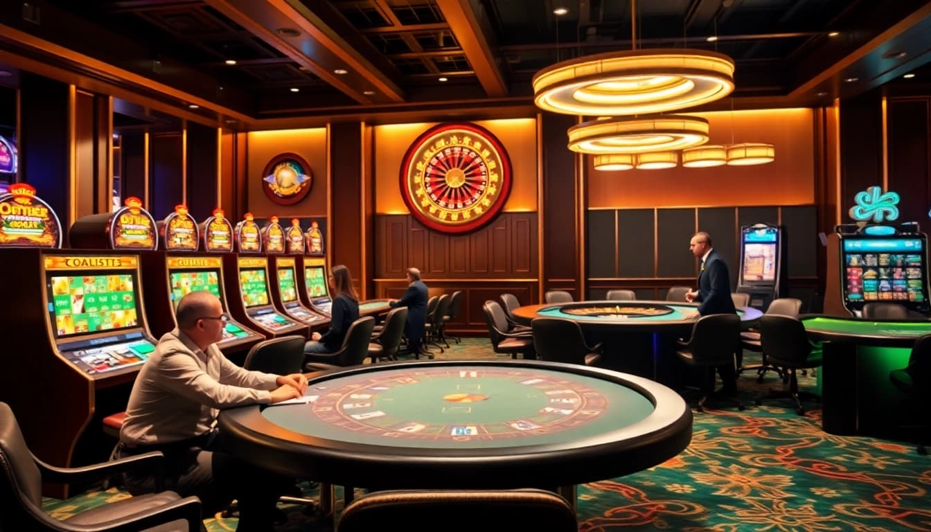 Experience the thrill of high-stakes gambling at bl555.design with luxurious casino tables and vibrant slot machines.