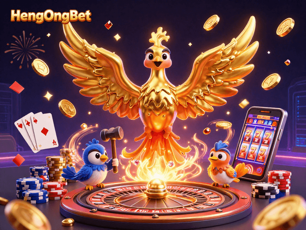 HengOngBet unleashes a dynamic casino scene with a molten phoenix and vibrant gaming elements.