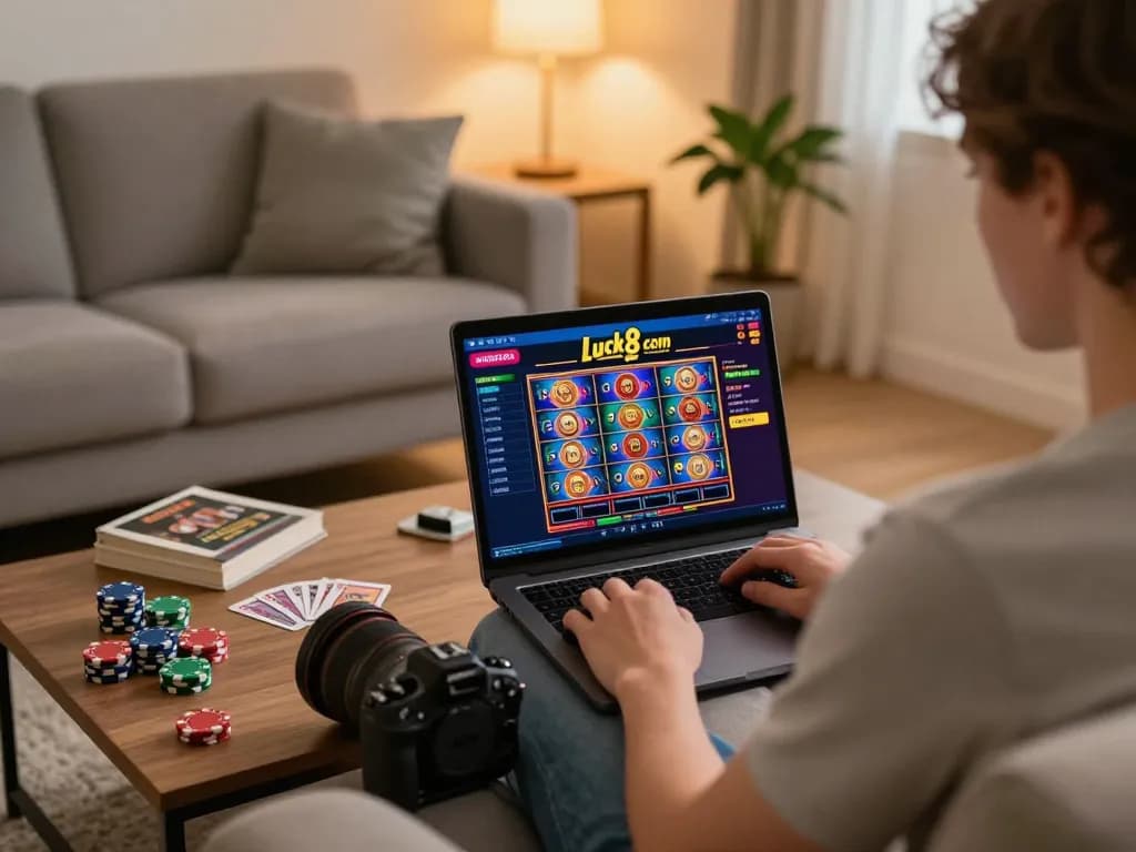Experience exciting gameplay at Luck8 com with a user enjoying online slots in a cozy setting.