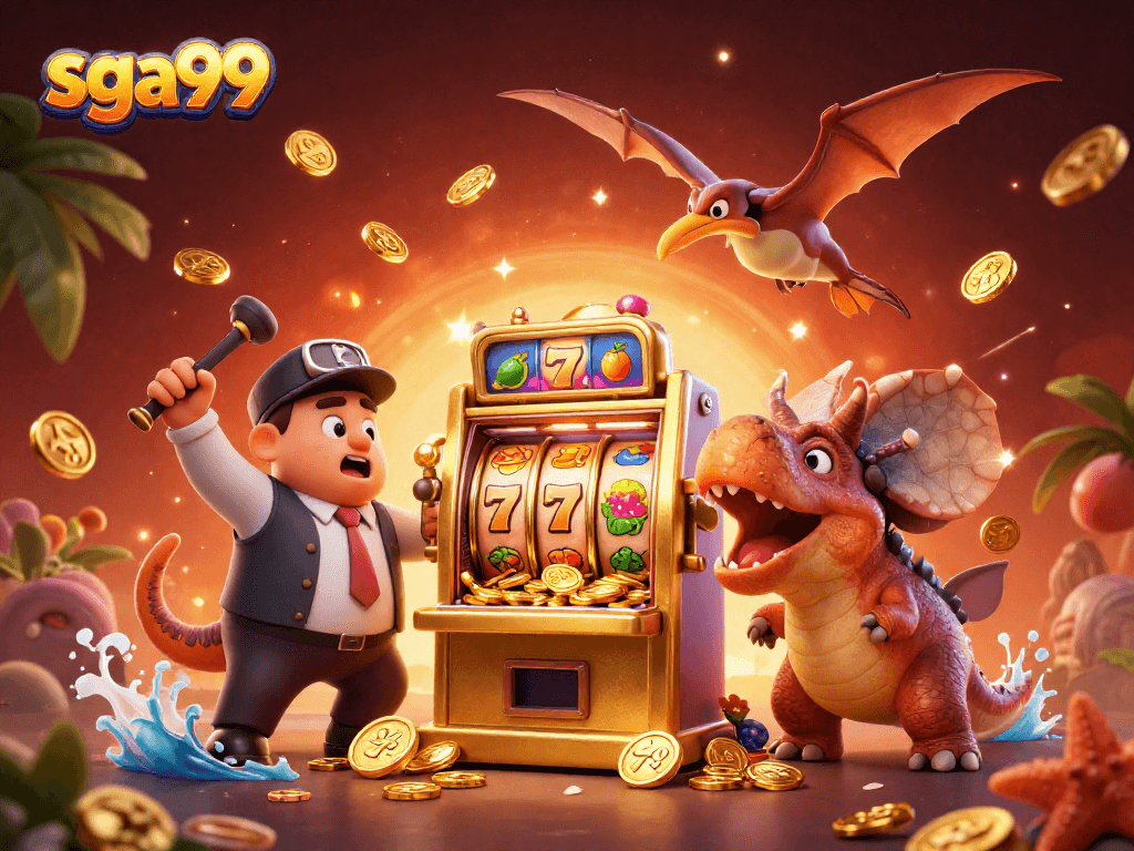 Engage with sga99 as a pachycephalosaurus hits a jackpot slot machine amidst gold coins.