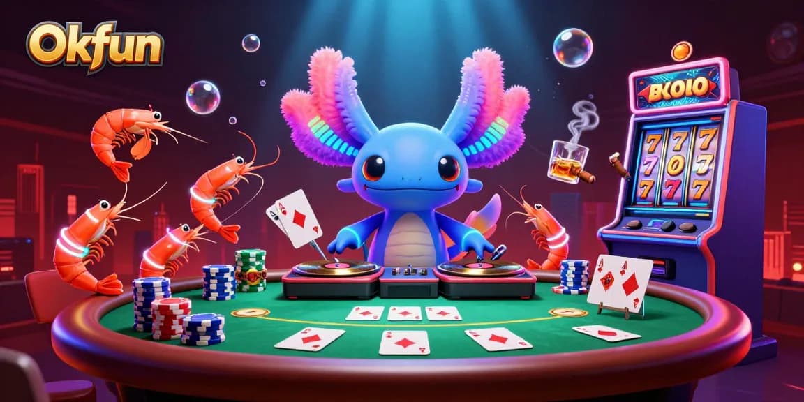 Engage with Okfun's vibrant casino scene featuring an axolotl DJ, poker, and lucky slot reels.
