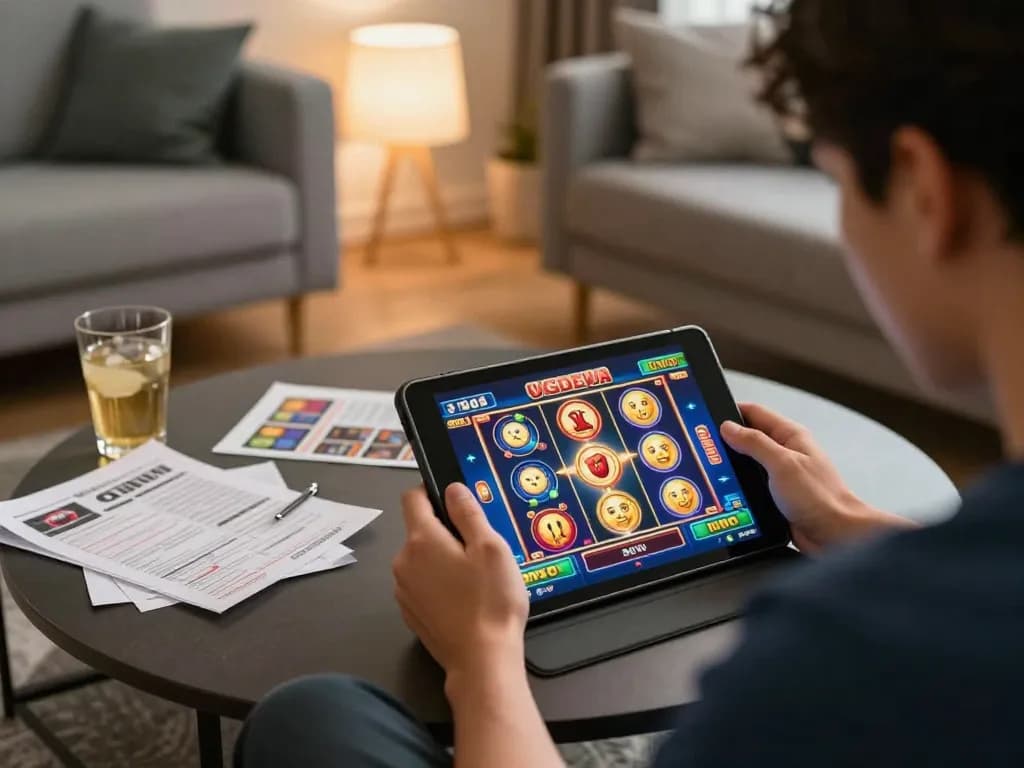 Player enjoying UGDEWA slot games on tablet in cozy home, highlighting engaging gameplay.