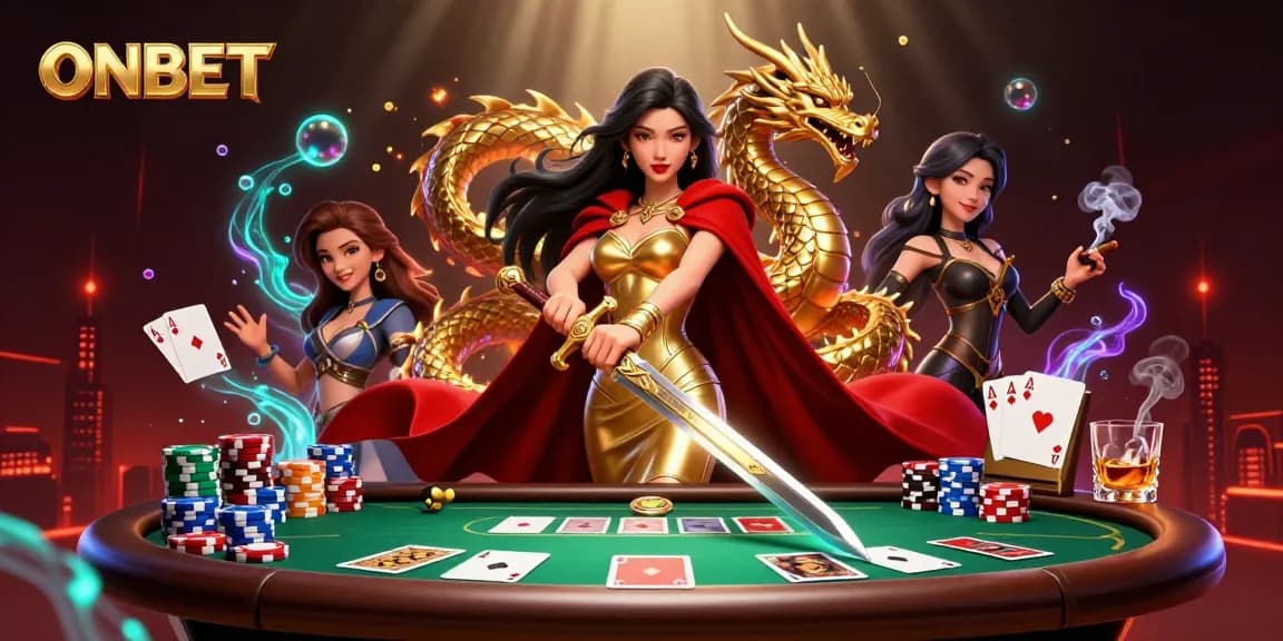 Experience the thrill of ONBET with a warrior queen in a vibrant casino illustration.