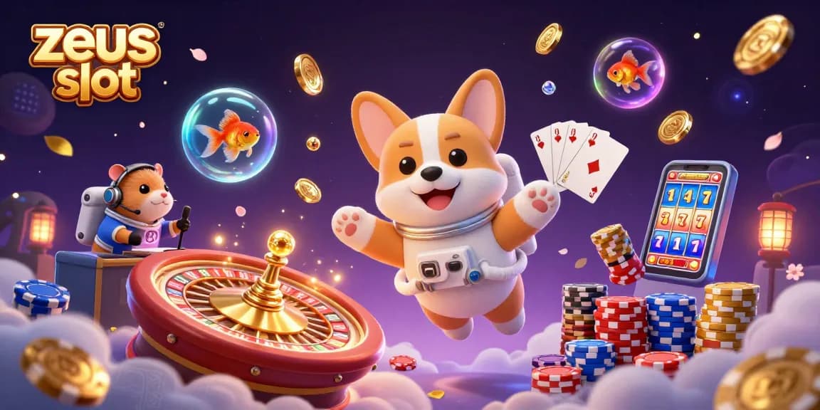 Engage in mega wins with zeus slot amidst drifting coins and whimsical characters in this vibrant casino scene.