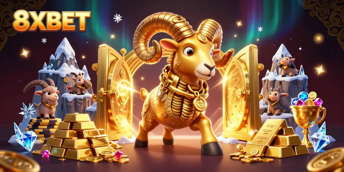 Engage in exhilarating action with the stunning 8XBET golden ram and treasure in this vibrant casino scene.