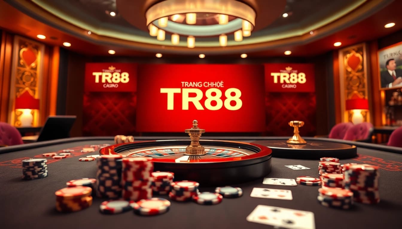 Engaging scene at Trang Chủ TR88 featuring an elegant casino table with poker chips and roulette.