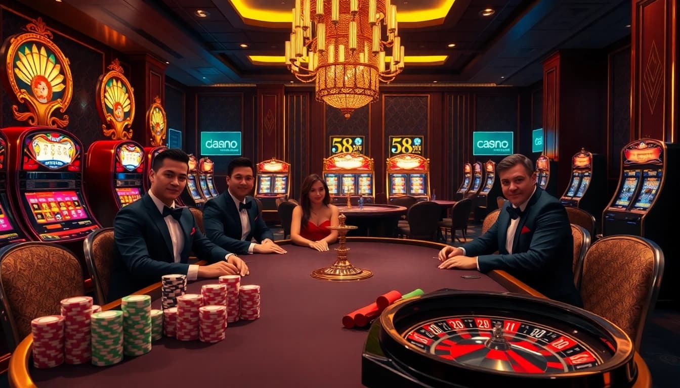 Engaging j88 casino players at a luxurious poker table surrounded by vibrant slot machines.
