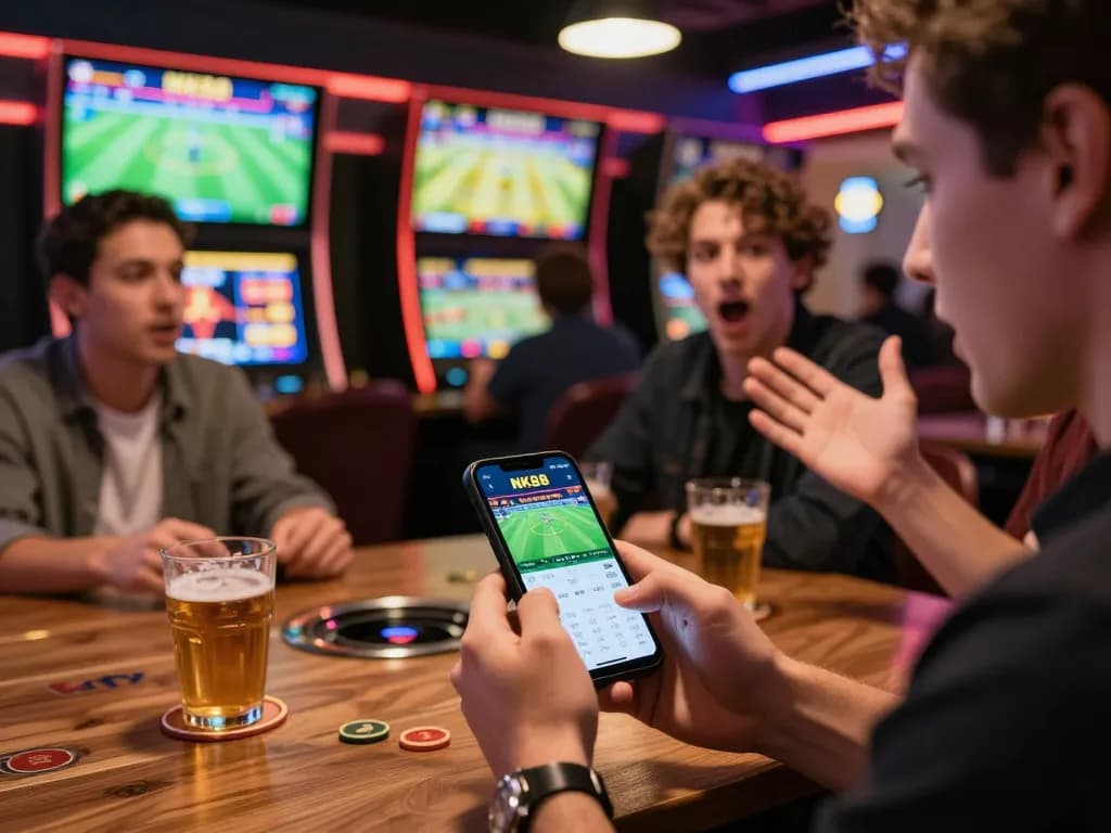 Customers enthusiastically placing bets on sports events at NK88's vibrant betting area.