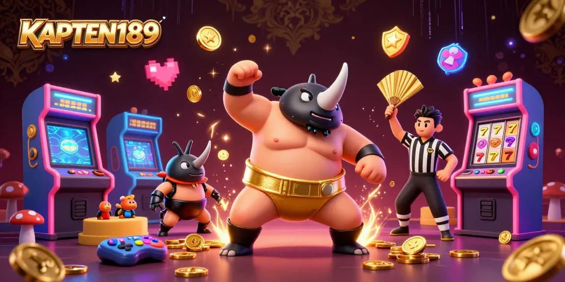 KAPTEN189 menghadirkan gambaran ilustrasi 3D penuh warna dengan juara kumbang badak sumo menampilkan momen kemenangan di dunia kasino.
