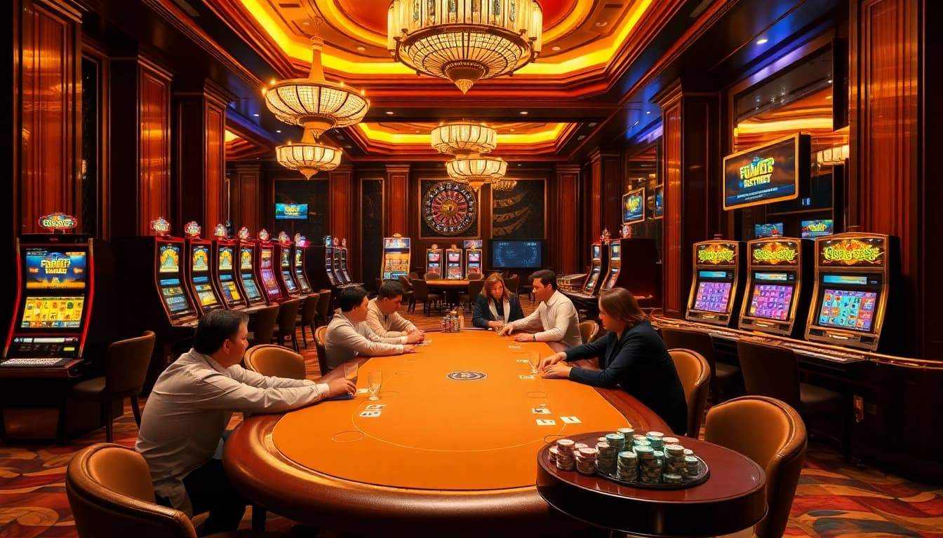 Exciting poker game scene at a luxury casino featuring 669bet branding and vibrant slot machines.
