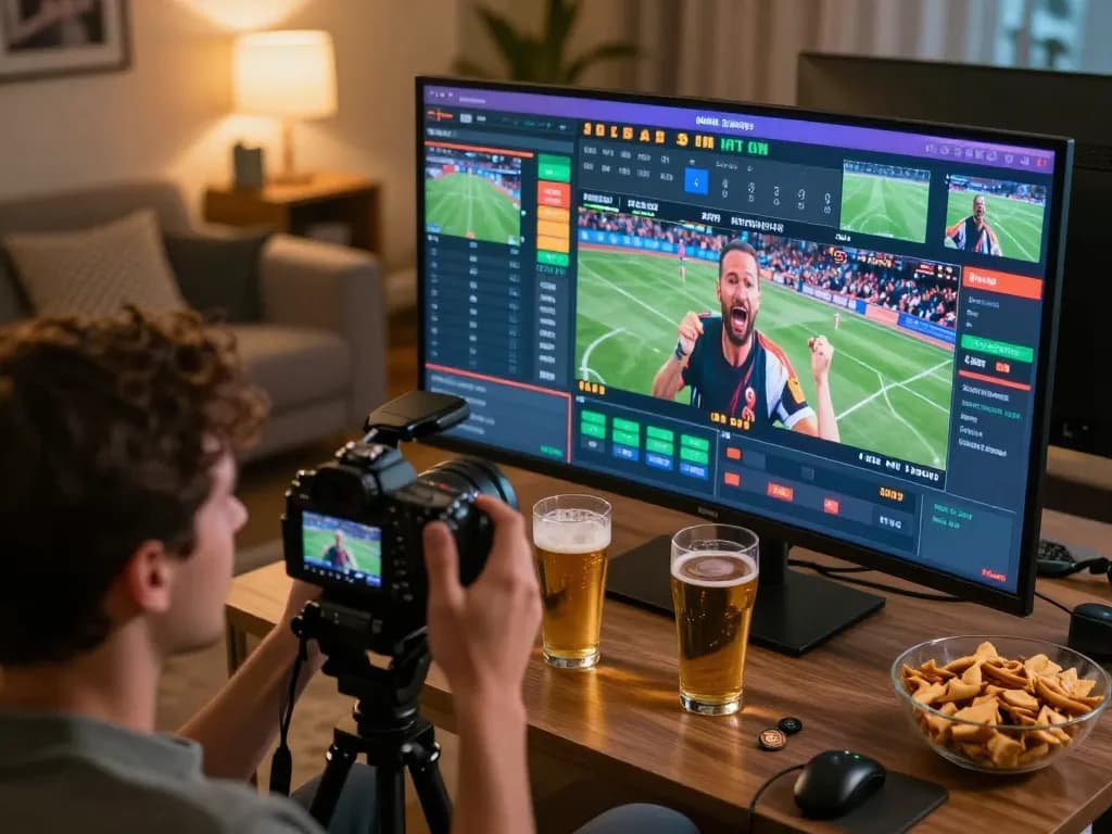 A person places bets on sports events at home using https://goal123.ac/ on multiple screens, showcasing the excitement of online gambling.