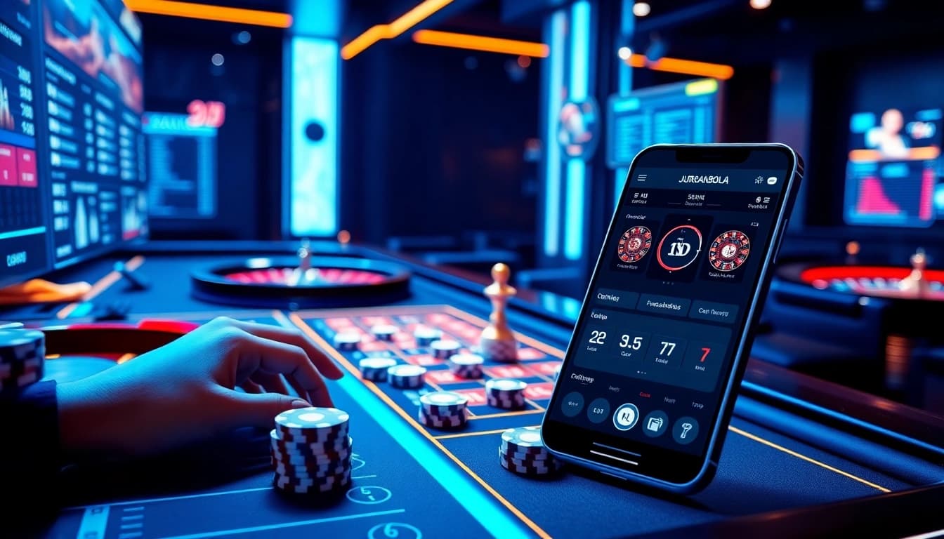 Juraganbola platform showcasing strategic betting action with poker chips and live casino table gameplay