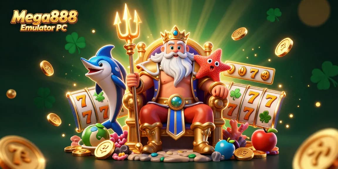 Play Mega888 Emulator PC with a vibrant and captivating casino scene featuring Neptune and jewels.