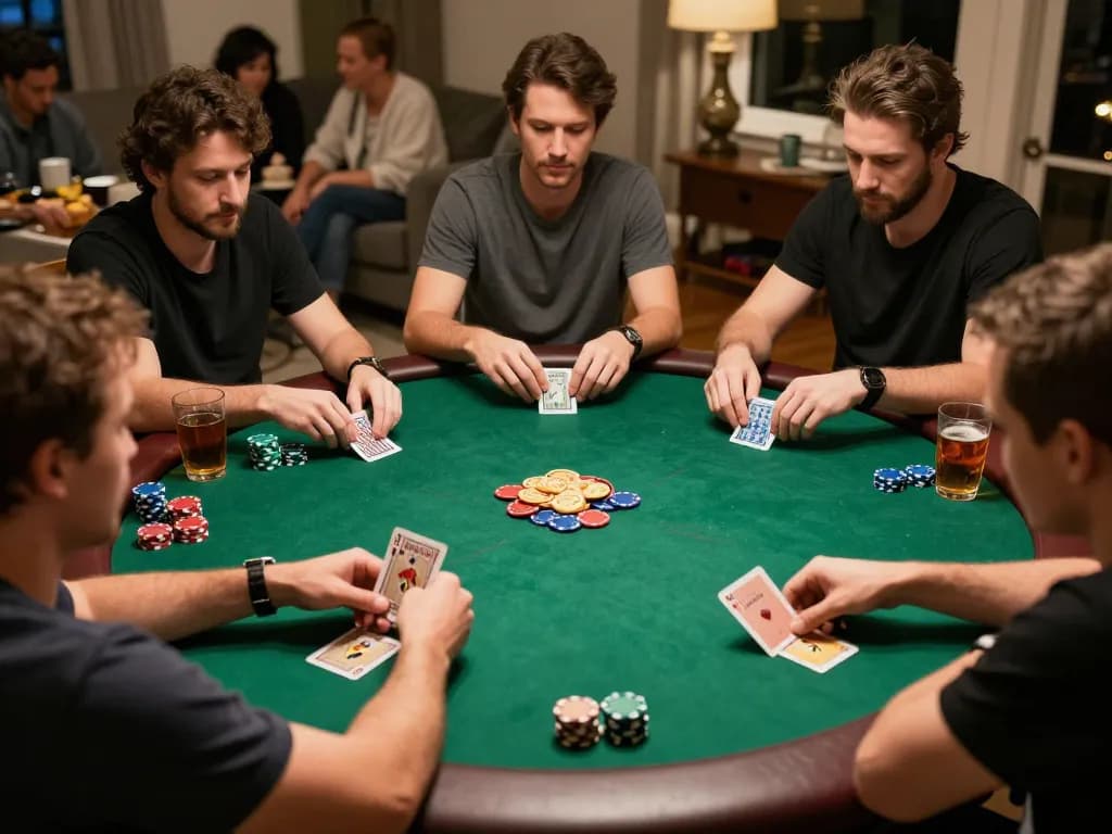 Players strategizing in a poker game with UGDEWA at a home gathering, showcasing lively competition.