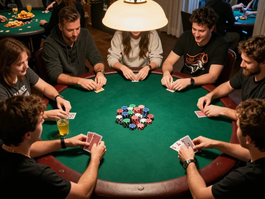 KJC players enjoying an exciting home poker game with chips and cards on the table.