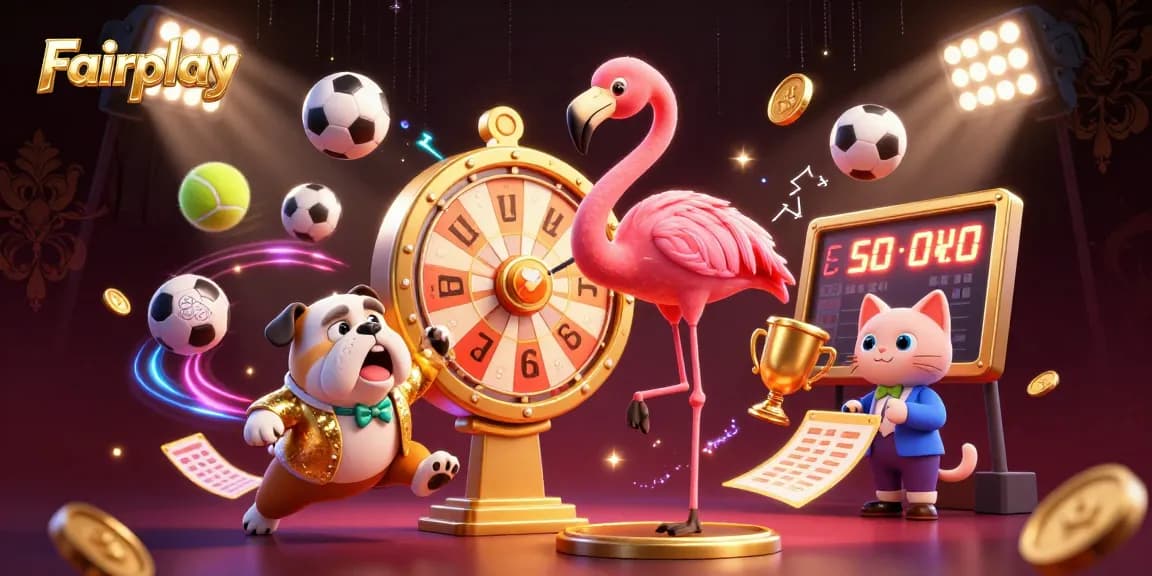 Experience Fairplay excitement with animated characters and sports elements in this vibrant casino scene.