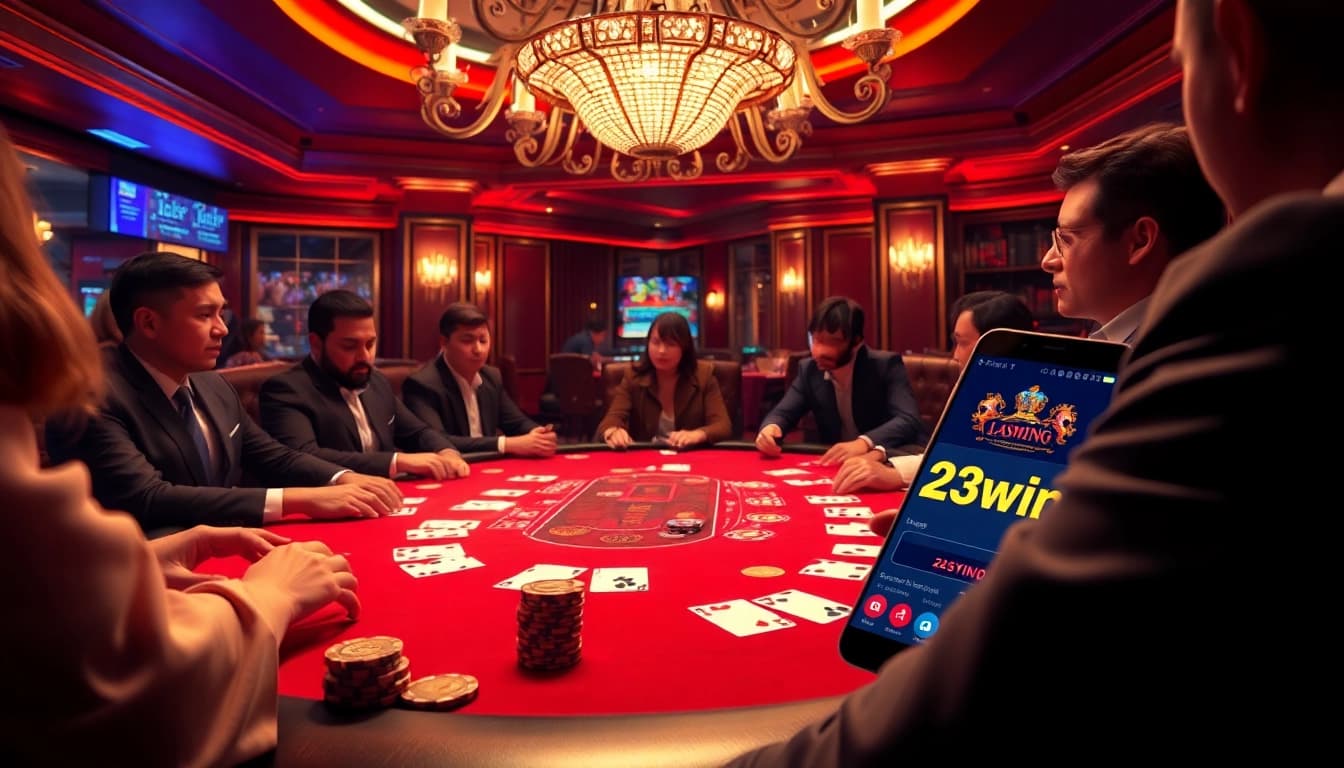 Players enjoying a high-stakes poker game at a luxurious casino featuring the 23win app.