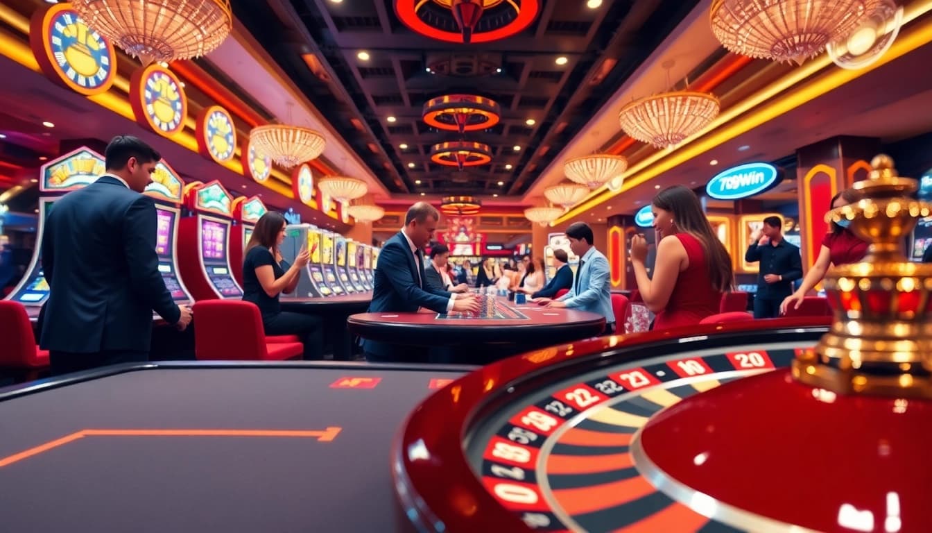 Exciting gambling scene at 789Win showcasing casino tables, roulette wheels, and vibrant slot machines.